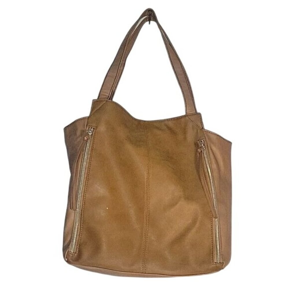 Tan Faux Leather Tote Bag With Zipper Pockets & Dual Handles By Relic